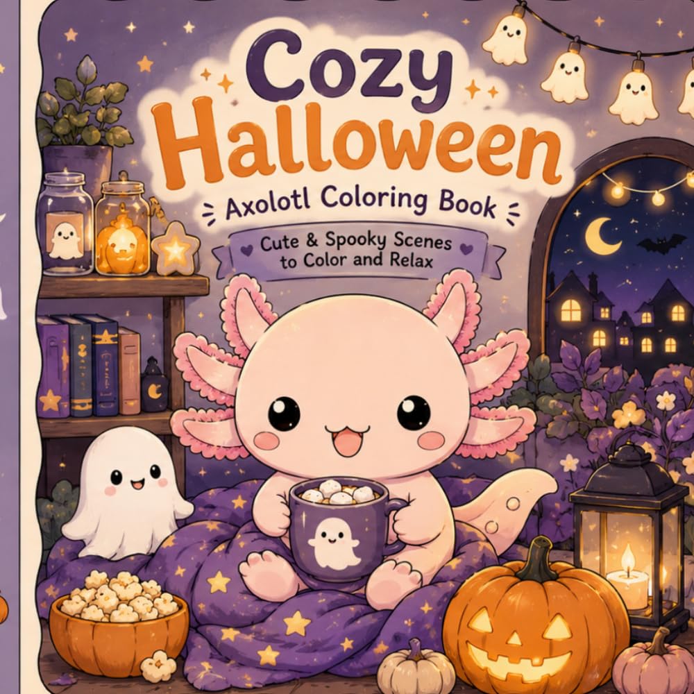Cozy Halloween Axolotl Coloring Book: Cute & Cozy Halloween Scenes to Color and Relax • Adorable Axolotls, Pumpkins, Friendly Ghosts & Autumn Magic (Axolotl Adventures)