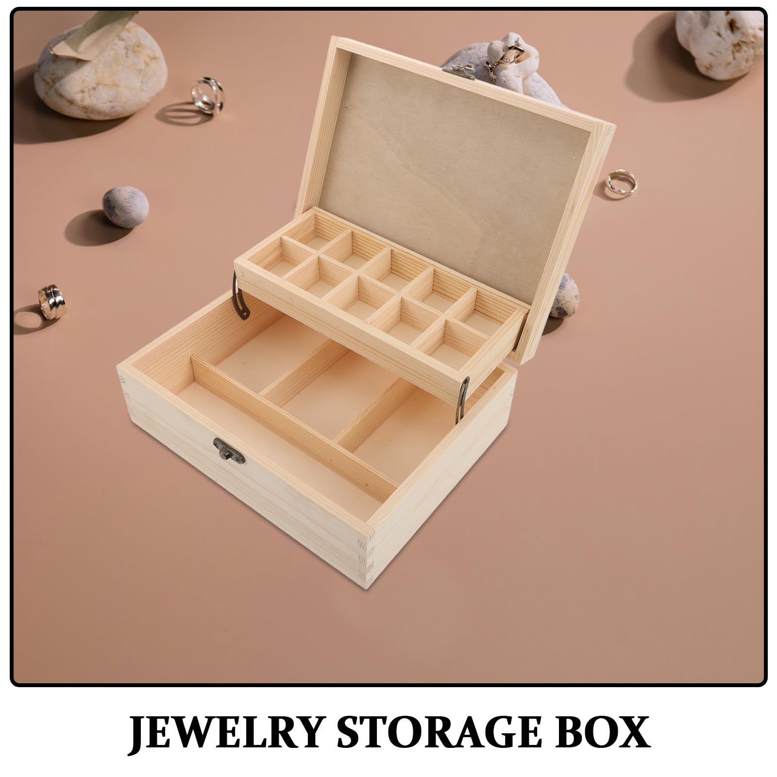 NUOBESTY Scatola in Legno Beige con Coperchio Ribaltabile, Scomparti Multipli e Divisori Trasparenti per Gioielli e Piccoli Oggetti su Comodino o Armadio
