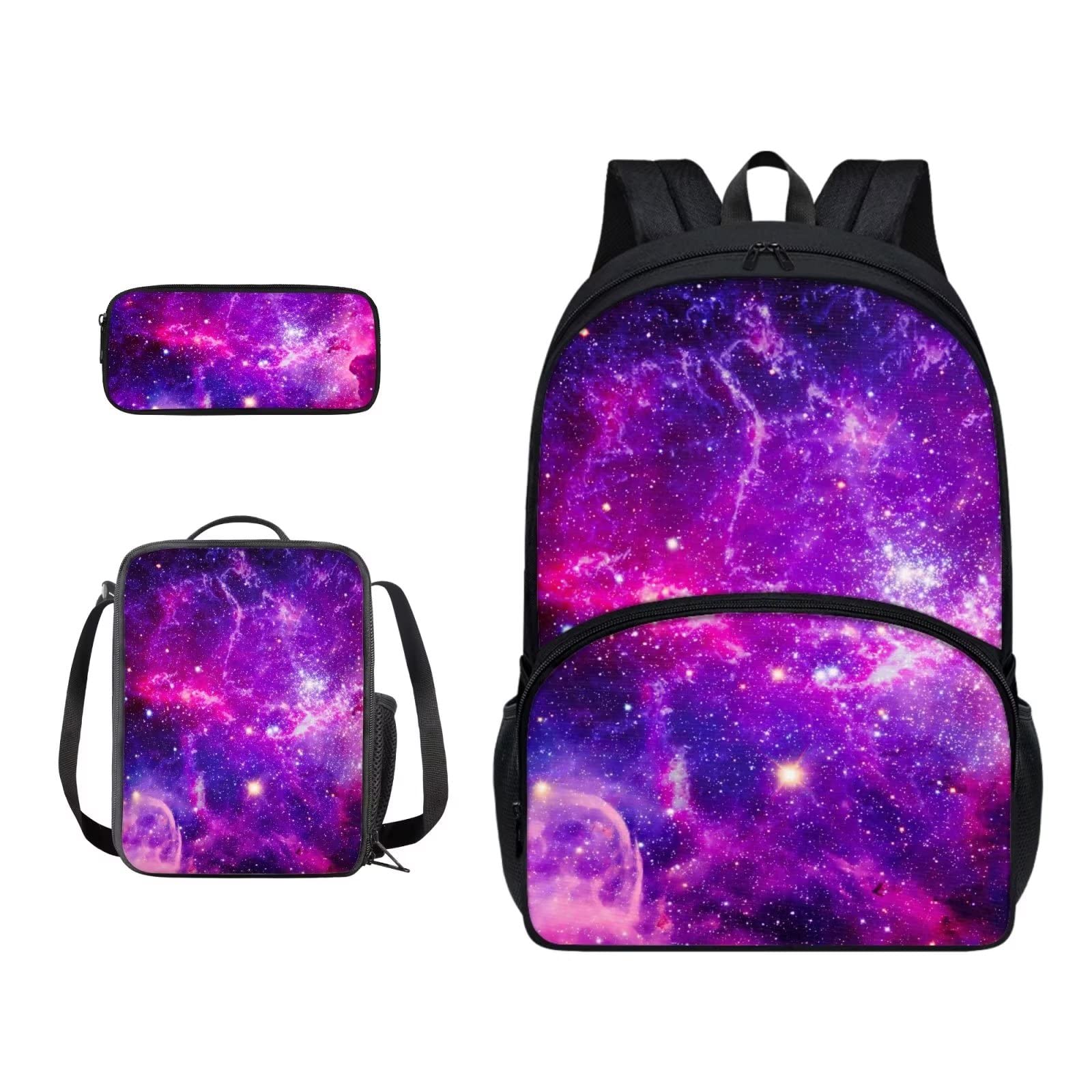 Poceacles Schultasche und Lunchbox-Set für Teenager, Jungen, Grundschule, Büchertasche, Federmäppchen für Grundschulkinder, Lila Galaxy, Einheitsgröße