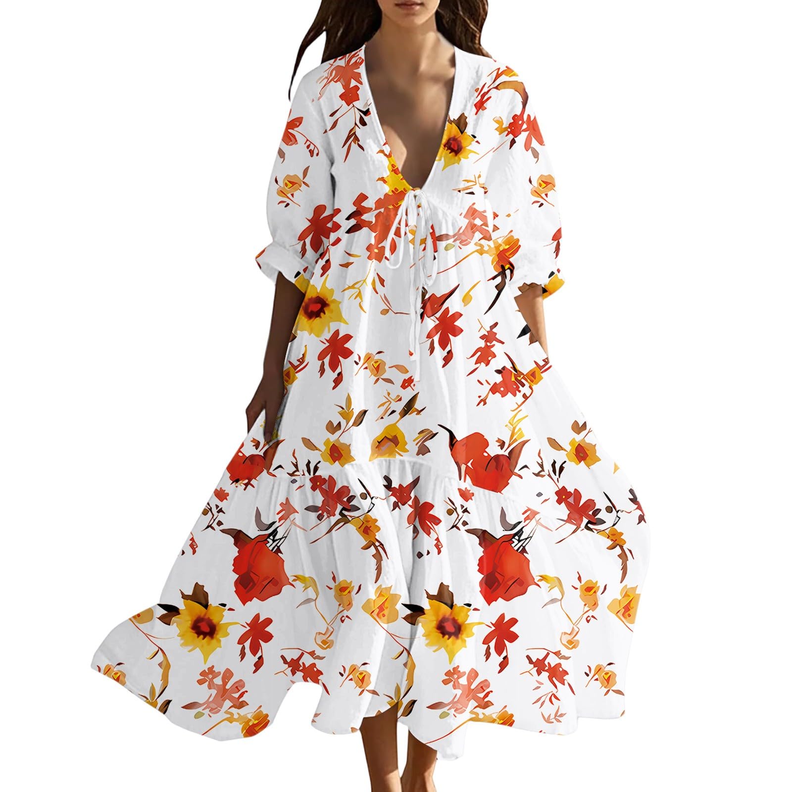 3/4 Sleeve Tennis Dresses for Women Longer, Summer Womens Petite Dresses V Neck Maxi Tie Tender Lace-Up Running Girls Graduation Dress Aline Maxi Sundresses for Women Hawaiian Dress Orange S