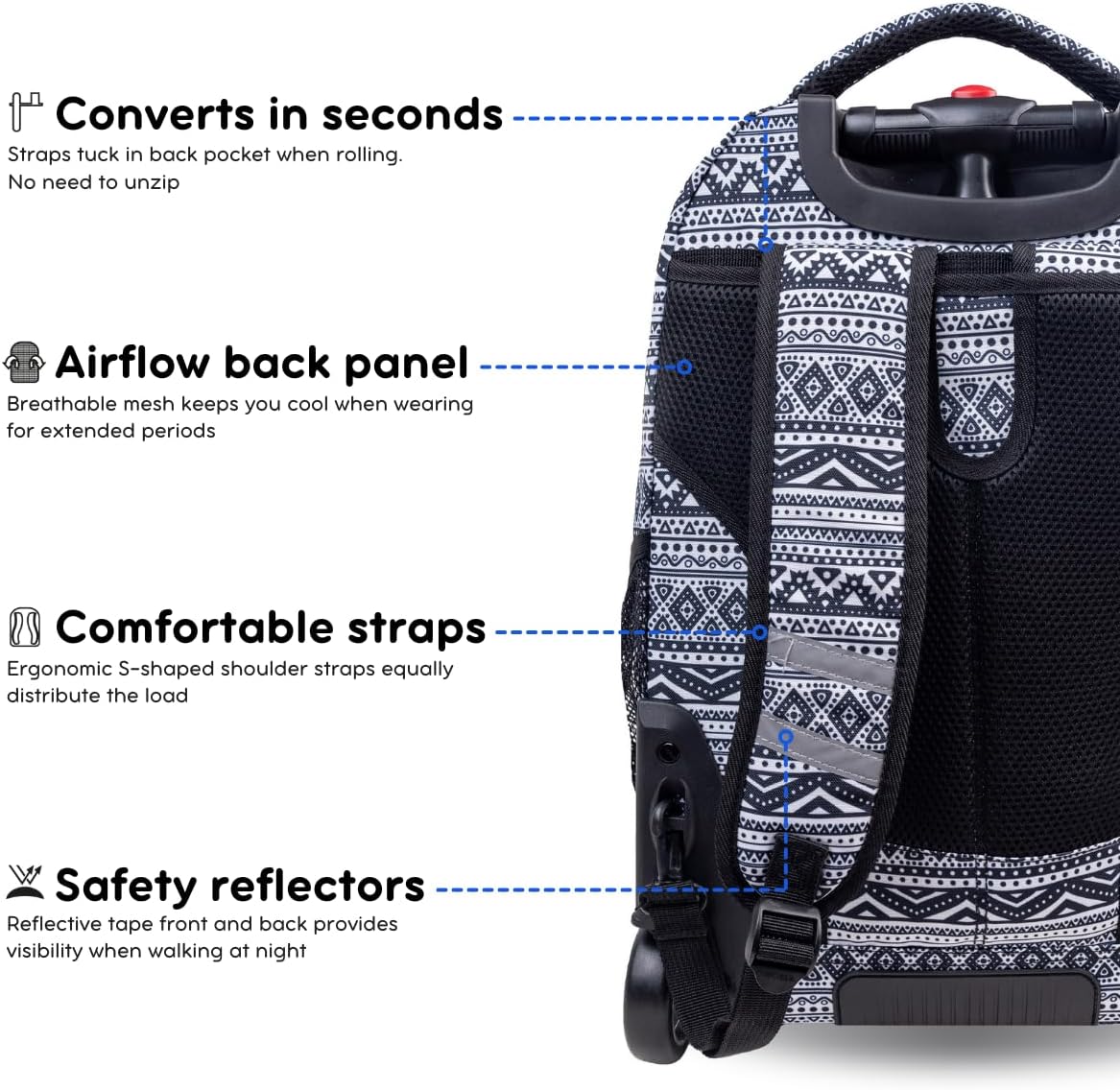 J World New York Sundance Rolling Backpack Girl Boy Roller Bookbag, Tribal, One Size - Image 6