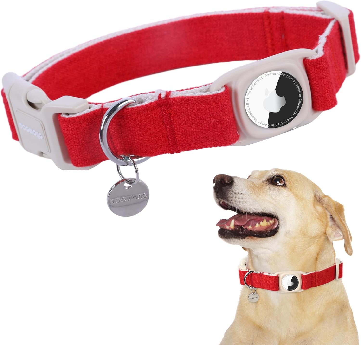 DOGWONG Airtag Cotton Hemp Dog Collar, HeavyDuty Dog Collar with Airtag Holder
