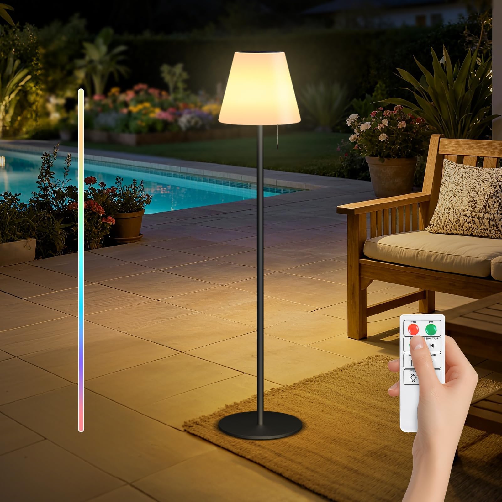 MALUX Lámpara de pie solar, lámpara de pie inalámbrica con sensor de luz, IP44, resistente al agua, altura regulable de 147 cm, lámpara de pie solar para exterior, lámpara de pie para decoración