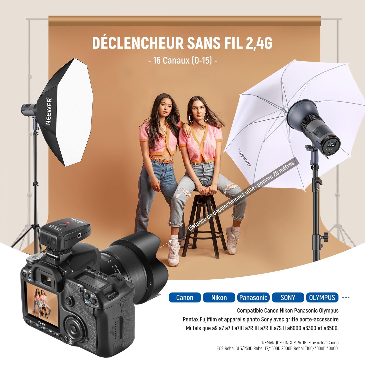 NEEWER ML300 300W GN60 Studio Extérieur Flash Alimenté par Batterie Monolight Déclencheur sans Fil 2,4 GHz, 1000 Flashs Pleine Puissance, Temps de Recyclage 0,4-2,5s, Monture, Pack de 2 Batteries