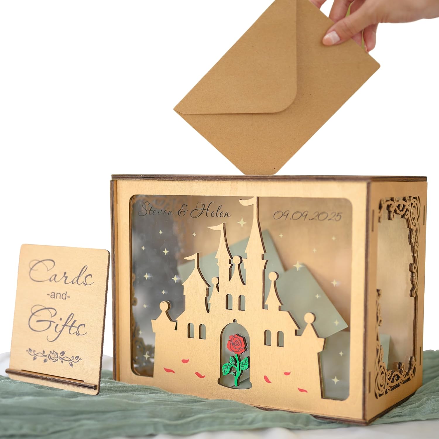 Fairy Tale Castle Card Box with Acrylic Window – Elegant Rose Design, Personalized Wooden Gift Box for Party Reception, Charming Memory Holder for Wedding or Birthday Event