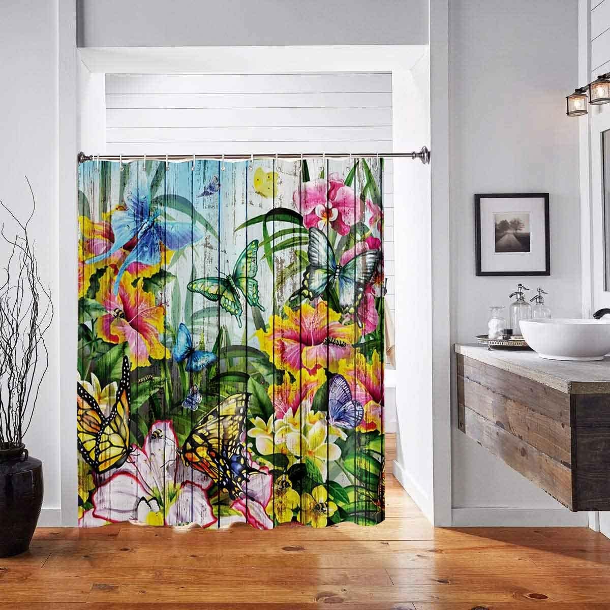 Spring Floral Shower Curtain, Colorful Flowers Butterfly Natural Scenery Shower Curtains, Wildflower Shower Curtain Set, 12 Hooks, Waterproof Washable Upgraded Polyester, 71"x72", YLXTGU117