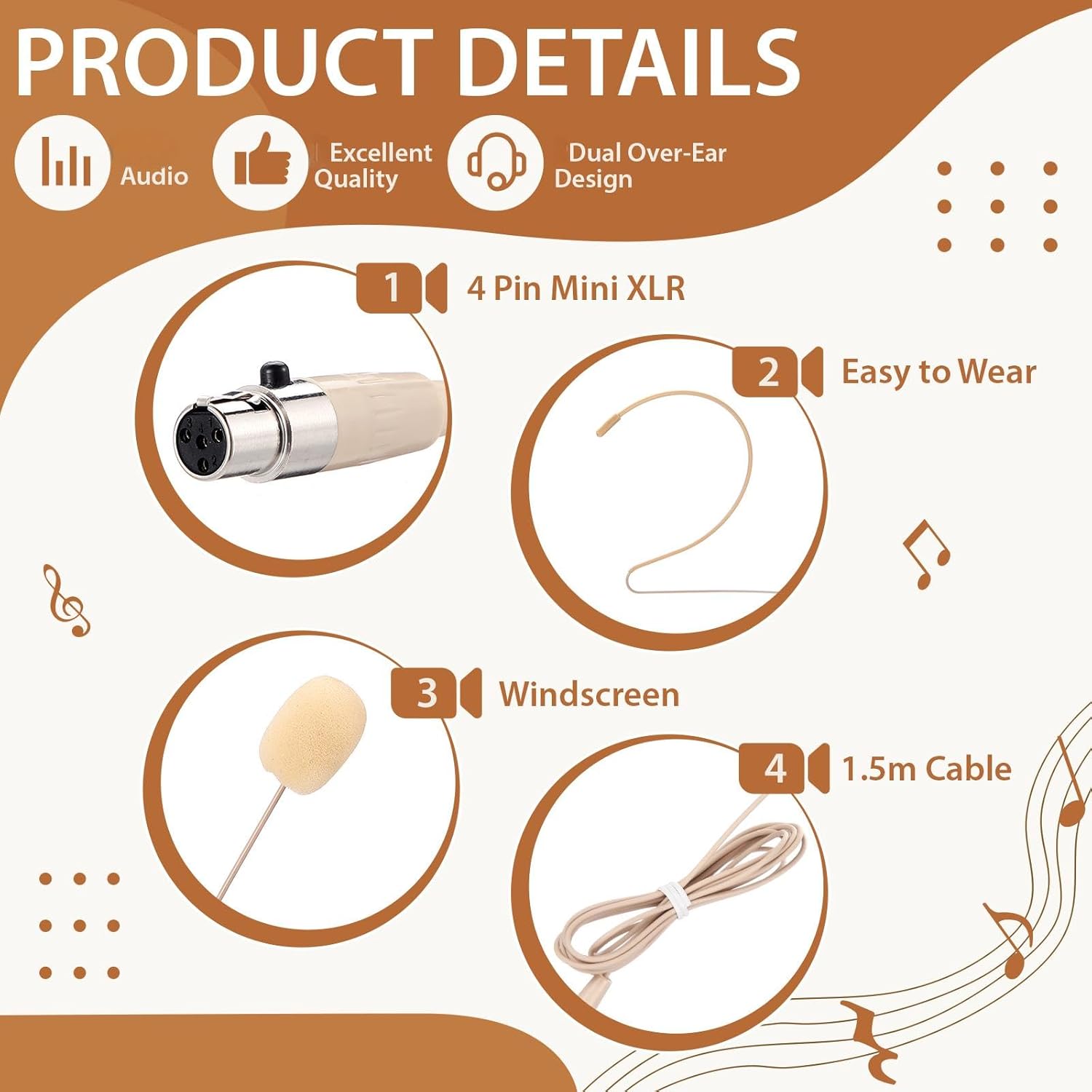 Sabary 2 Pcs Headset Microphone Dual Headworn Earset Over Ear Hanging with 4 Pin XLR 5ft Cable Compatible with Shure Wireless System Bodypack Transmitter for Lectures Live Performance Theater(Beige)