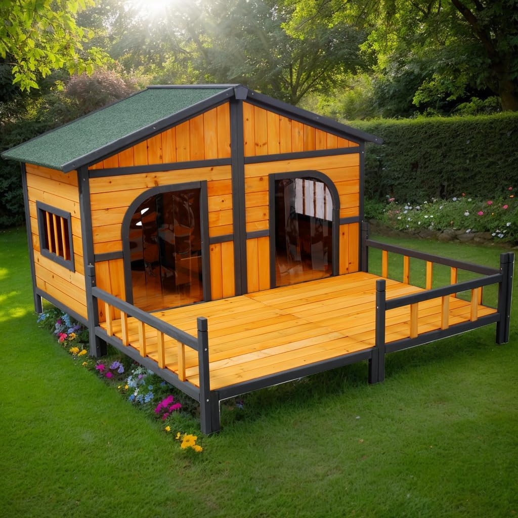 Double Dog House - Large Dog House Outdoor Weatherproof with Protective Curtain, Outdoor Dog Kennel with Elevated Floor and Porch for Small & Medium Dogs