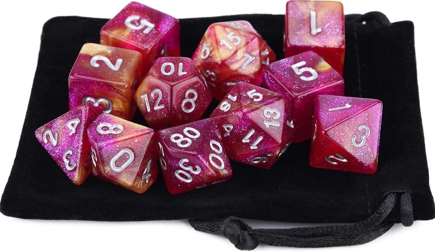 Polyhedral Dice 11 Piece RPG Set with Drawstring Bag for Dungeons and Dragons 5e DND Tabletop Games (Violet-red Yellow Glitter)