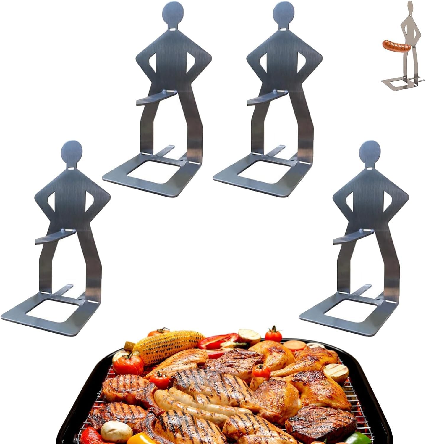 Funny BBQ Man Hot Dog Holder, 4‑Pack Stainless Steel Sausage Camping Stand
