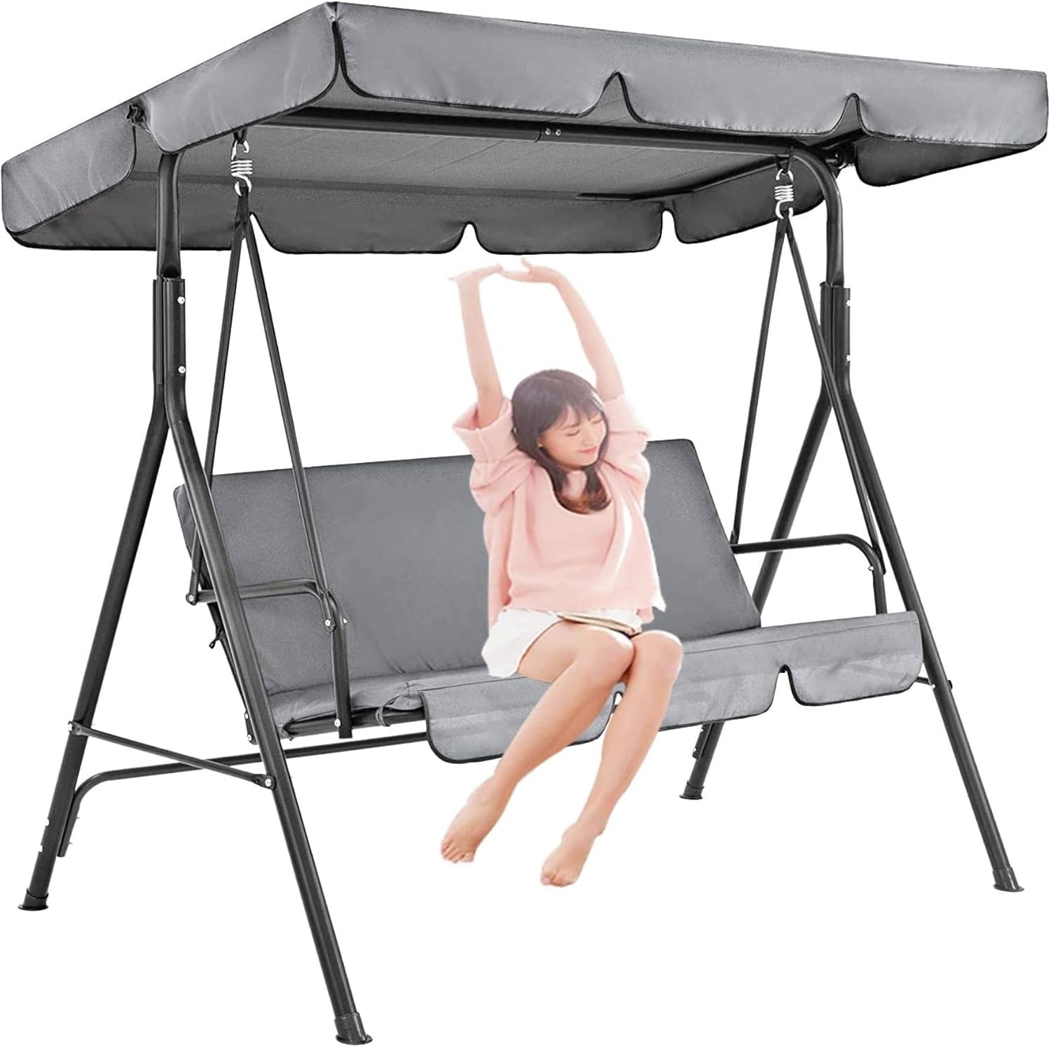 Patio Swing Canopy Set,Outdoor Swing Canopy Top Cover and Swing Cushion Cover, Waterproof 2/3 Seater Swing Replacement Top Cover,Sun Shade Garden Porch Hammock Swing Cover,210D Oxford Fabric