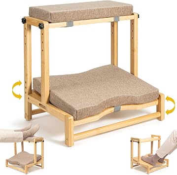 Two-Tier Bamboo Desk Footrest, Adjustable Ergonomic Leg Rest with Cushion