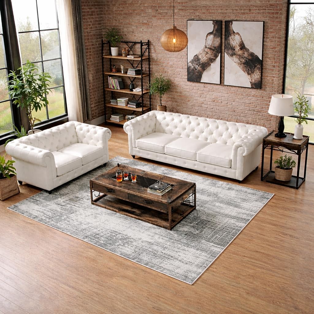 Leatherette Chesterfield Sofa Set Deep Button Tufted, Classic Style Sofa Set Sofa for Your Hall,Living Room and Office (Off White Leather, Five Seater 3+2)-image-12