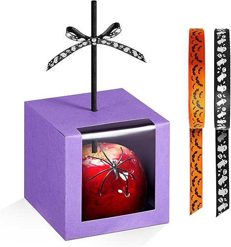 Juego de 50 cajas de papel kraft para Halloween con agujero y cintas de 4 x 4 x 4 pulgadas, cajas de regalo transparentes para ventana, galletas de