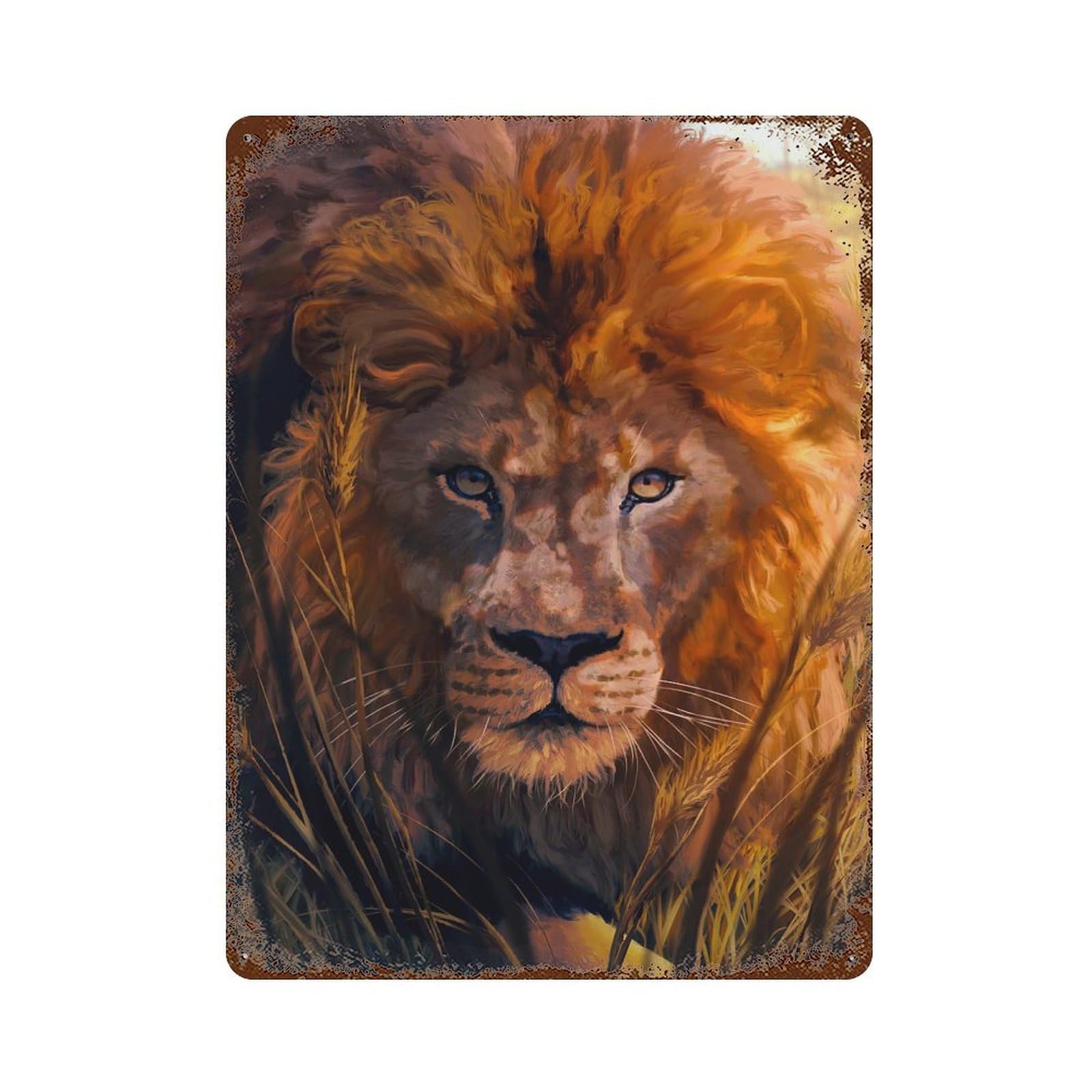 Stalking Lion in Tall Grass Distressed Metal Wall Sign 15.7"x11.8", Rustic Home Decor for Farmhouse, Kitchen And Entryway Decor