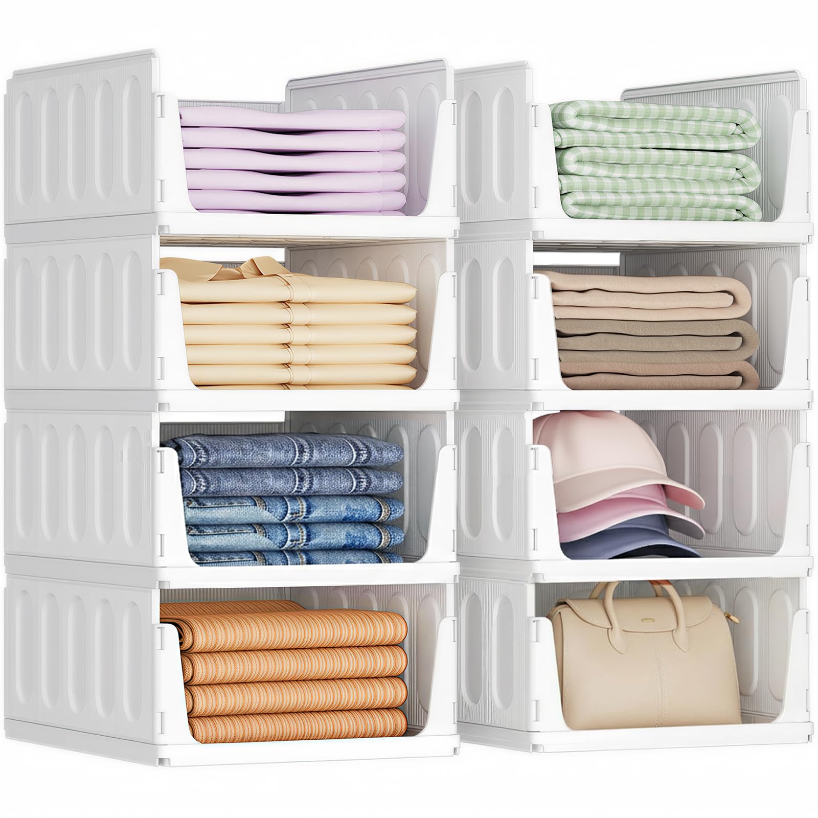 Lifewit Organizzatori Armadio con Cassetti Estraibili, 8 Pezzi Contenitori Impilabili per Vestiti, Ripiani per Armadio Interno, Scatole Salvaspazio in Plastica per Magliette, Pantaloni, 24L, Bianco