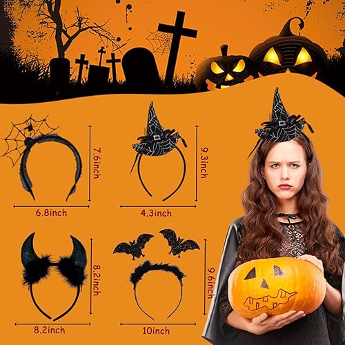 Vista 7 de 4 diademas de Halloween, cuernos de diablo, telaraña, sombrero de bruja y murciélago negro, para decoración de Halloween, mascarada, cosplay