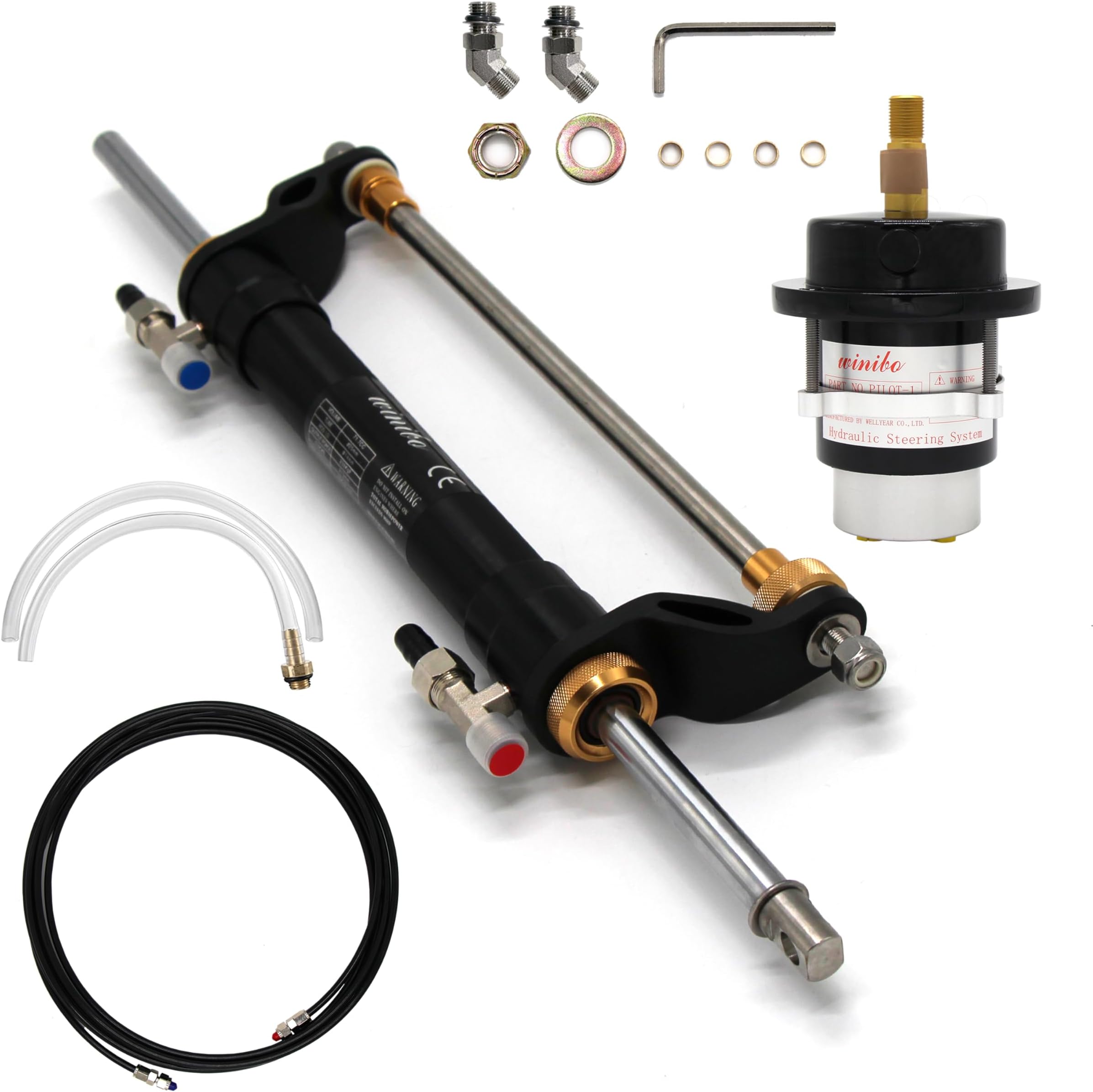 90HP Outboard Hydraulic Steering Kit, Boat Marine Steering System, Built-in Compact Cylinder, Helm Pump and 24FT Nylon Hose for Single Station, Single-Engine (ZA0301)
