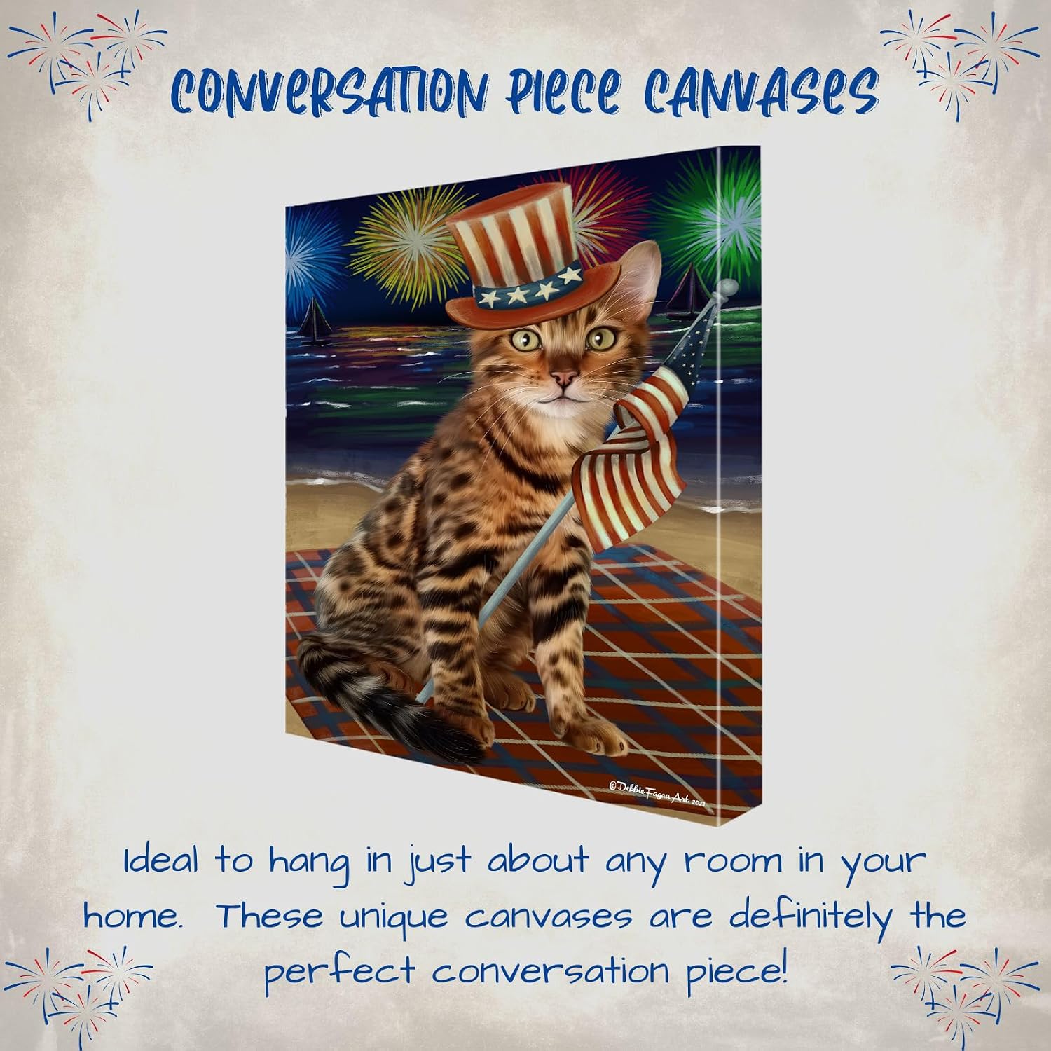 Doggie of the Day 4th July Fireworks with Bengal Cats Canvas Wall Art - Premium Quality Ready to Hang Room Decor - Flat Rolled 8" x 10"