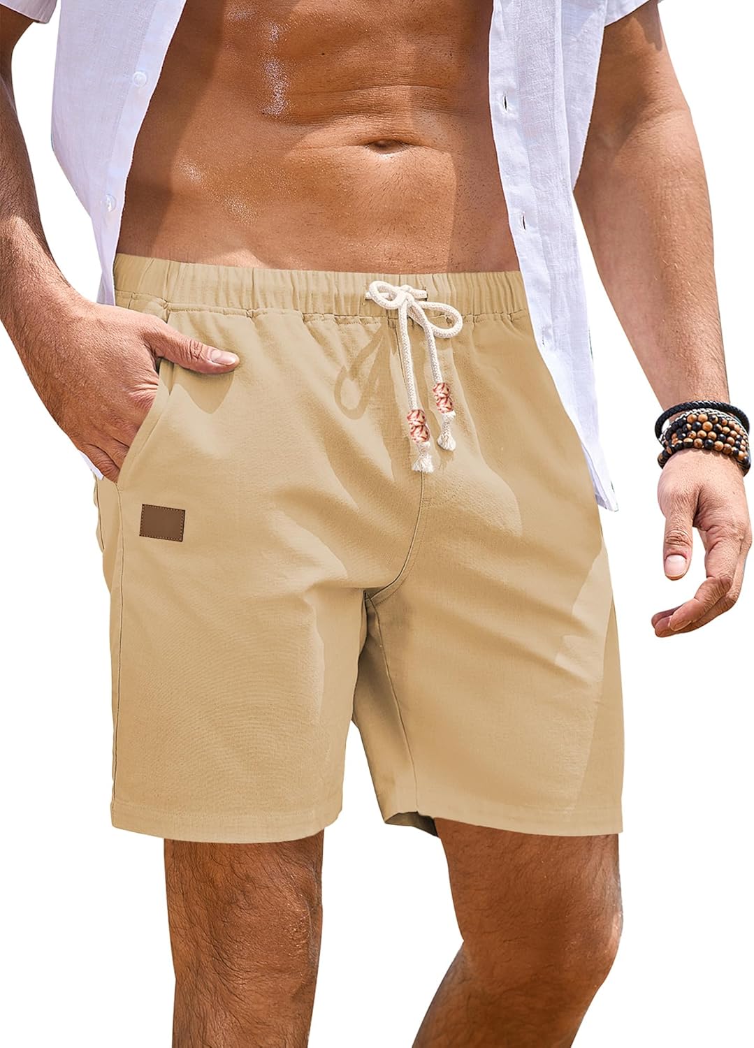 JMIERR Mens Linen Shorts Casual 5"/ 7" Cotton Elastic Waist Drawstring Summer Vacation Beach Shorts with Pockets