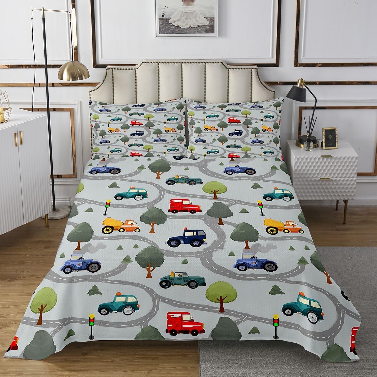 Feelyou Cartoon Car Toddler Quilt Set for Boys Girls Nursery Cute Construction Vehicles Kids Coverlet Twin Size Bedroom Decor Red Yellow Blue Truck Cars Bedspreads Grey Quilted Bedspread 2Pcs