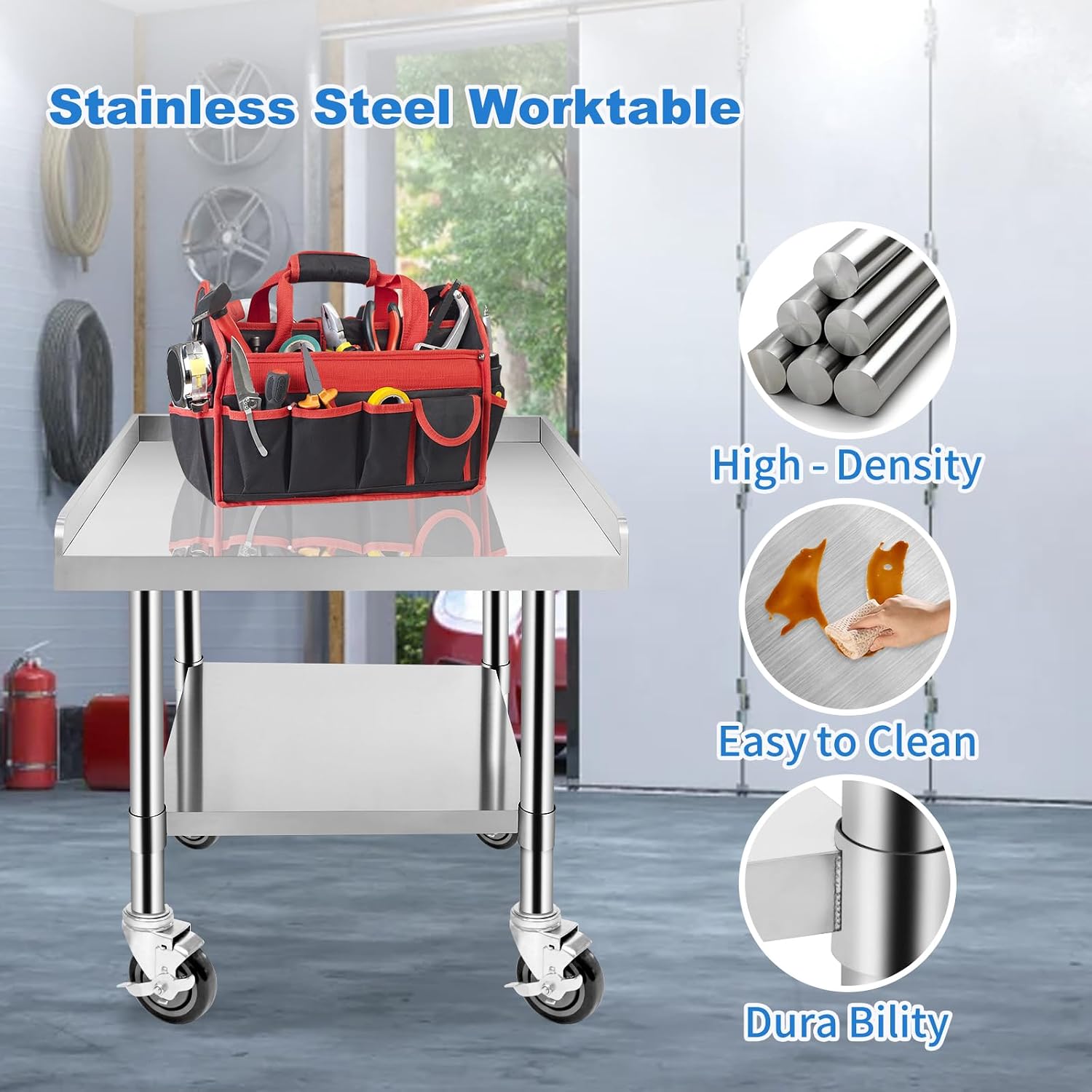 Stainless Steel Worktable with Under Shelf & 360° Lockable Casters - Practical for Commercial Kitchens & Workshops (24 * 24 * 26in)