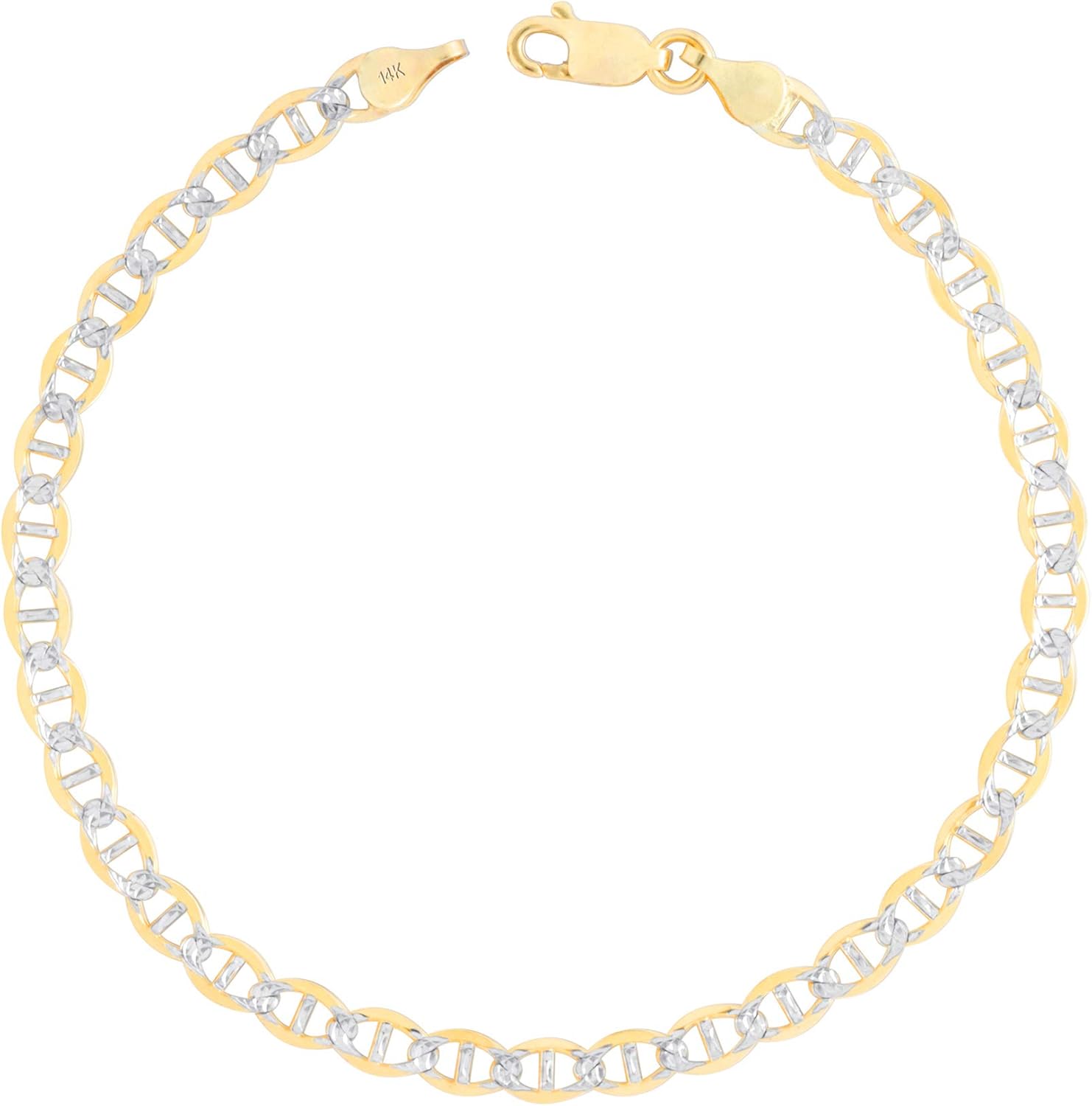 Nuragold 14k Real Yellow Gold Solid Mariner 4mm Anchor Chain Pave Diamond Cut Bracelet (7"-9") Two Tone Italian Jewelry for Men & Women