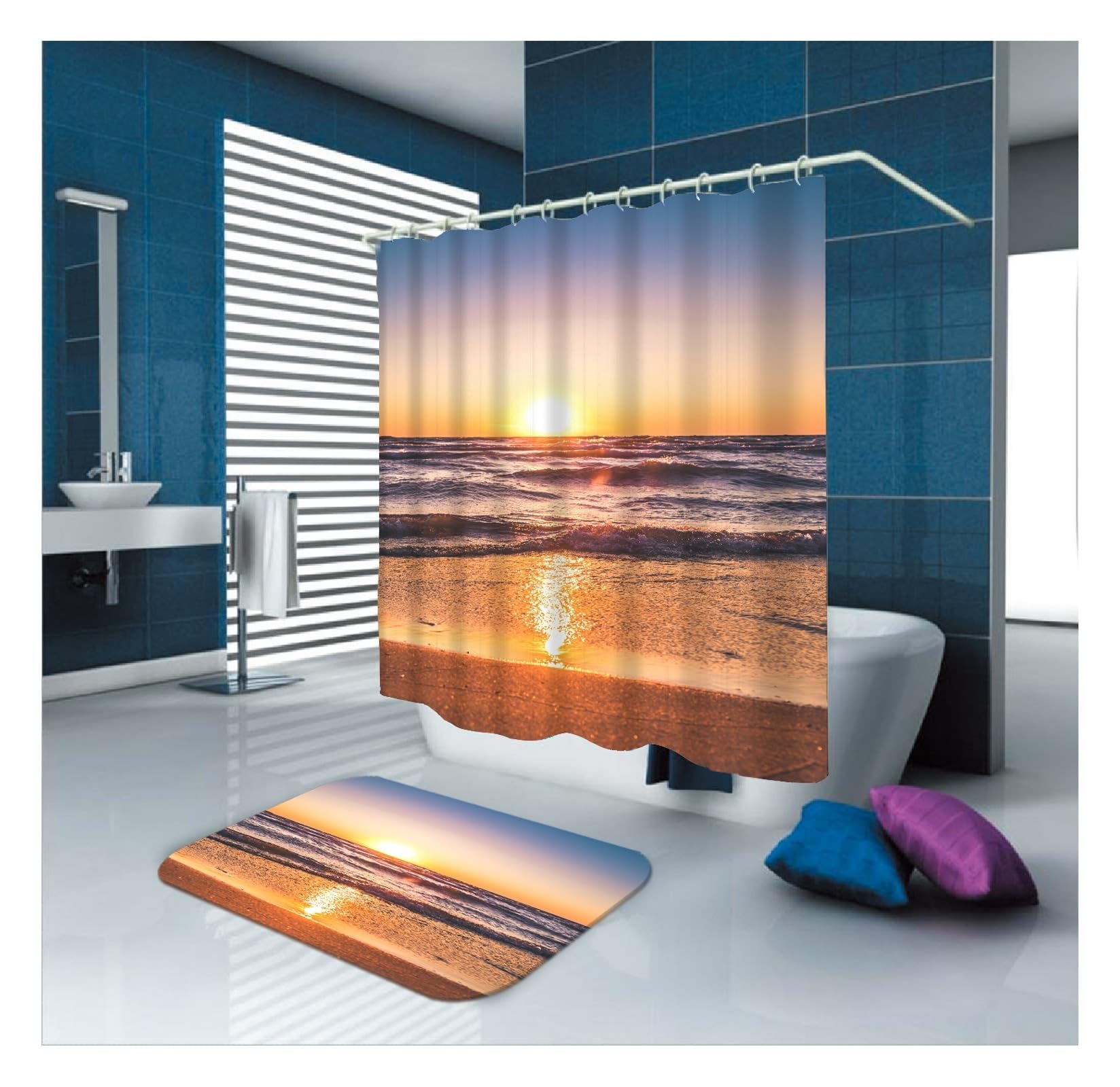 Cortina de ducha amarilla, 165 x 200 cm, tela textil impermeable, diseño de puesta de sol, playa, cortina de baño para bañera y ducha, poliéster, antimoho, lavable