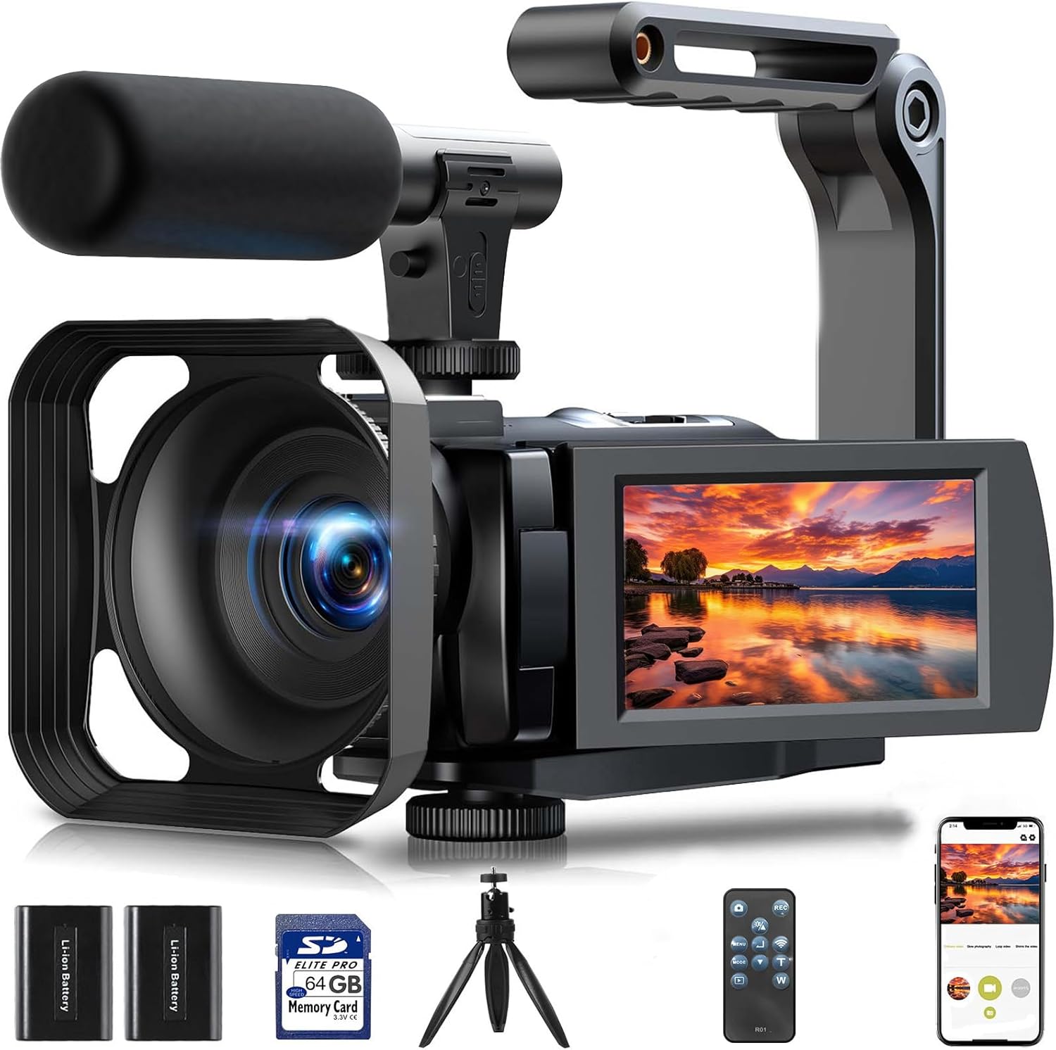 5K Video Camera Camcorder 56MP Wifi IR Night Vision Vlogging Camera, 16X Digital Zoom Touchscreen YouTubers Camera Recorder with Microphone, Lens Hood, Stabiliser, Remote Control, Tripod & 2 Batteries