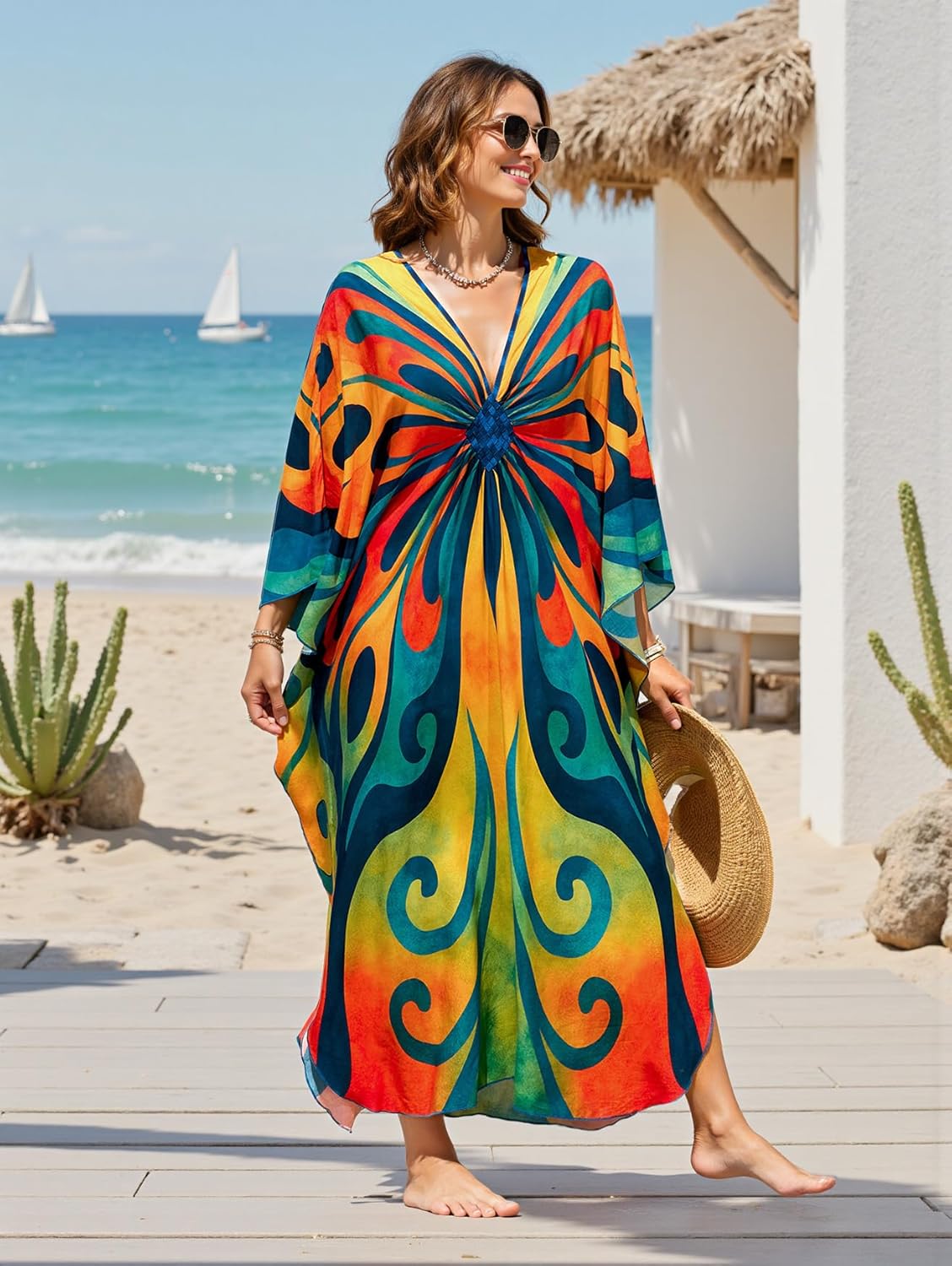 Kaftan Dresses for Women Plus Size Caftan Swimsuit Cover Up, Boho Beach Dress with Batwing Sleeves - Image 5