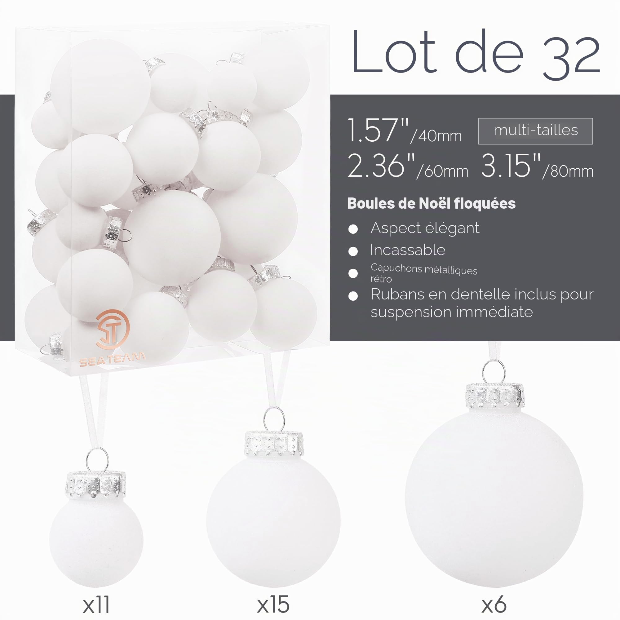 Sea Team 32 Boules Noël Velours incassables multitaille Blanc | Boules en velours floqué incassable, parfaites pour sapin, couronne, guirlande. Idéales pour Noël, mariage, fête.