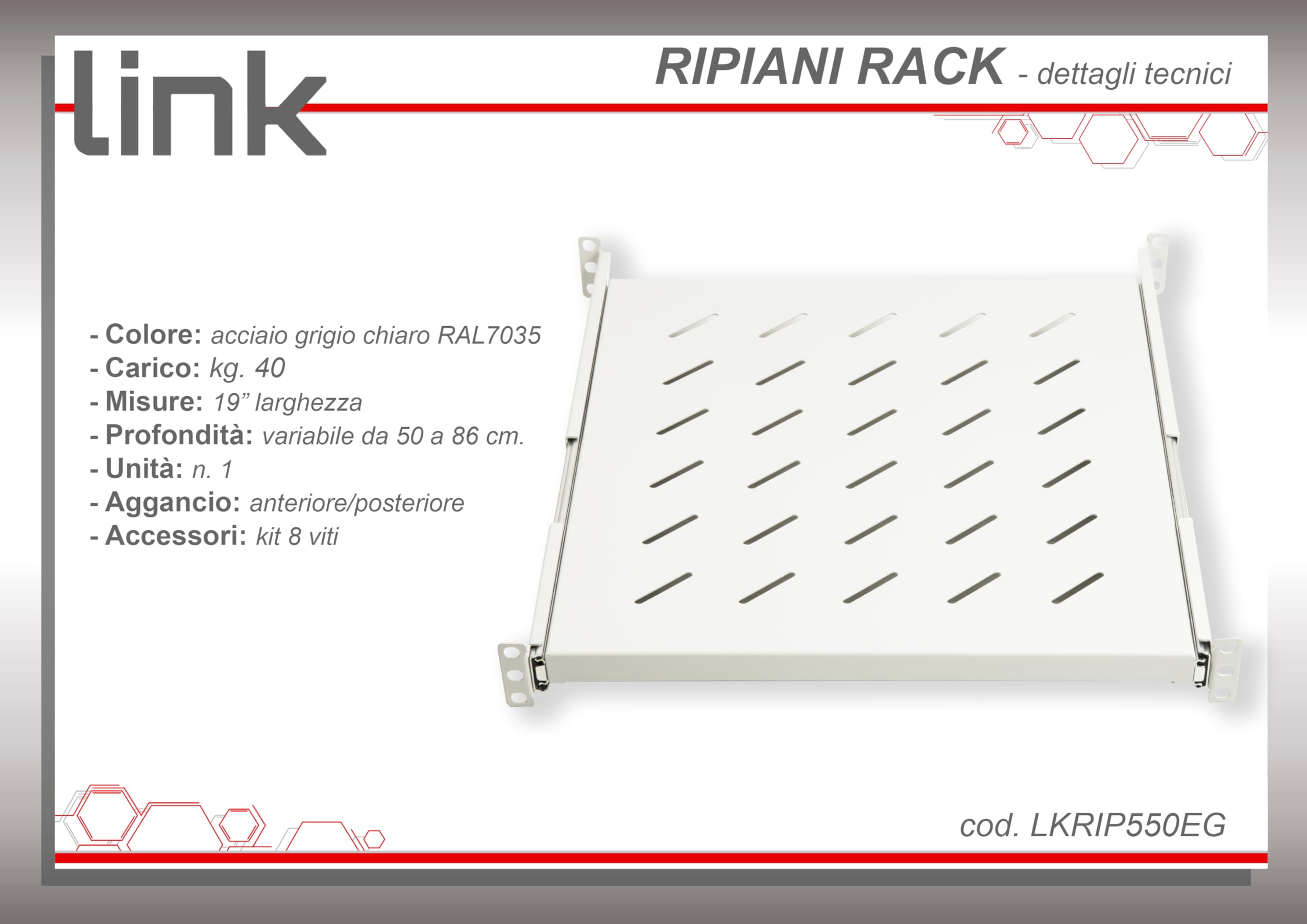 Link lkrip550eg Universal Ablage für Schrank Rack ausziehbar auf Schienen Teleskop, 550 mm, grau