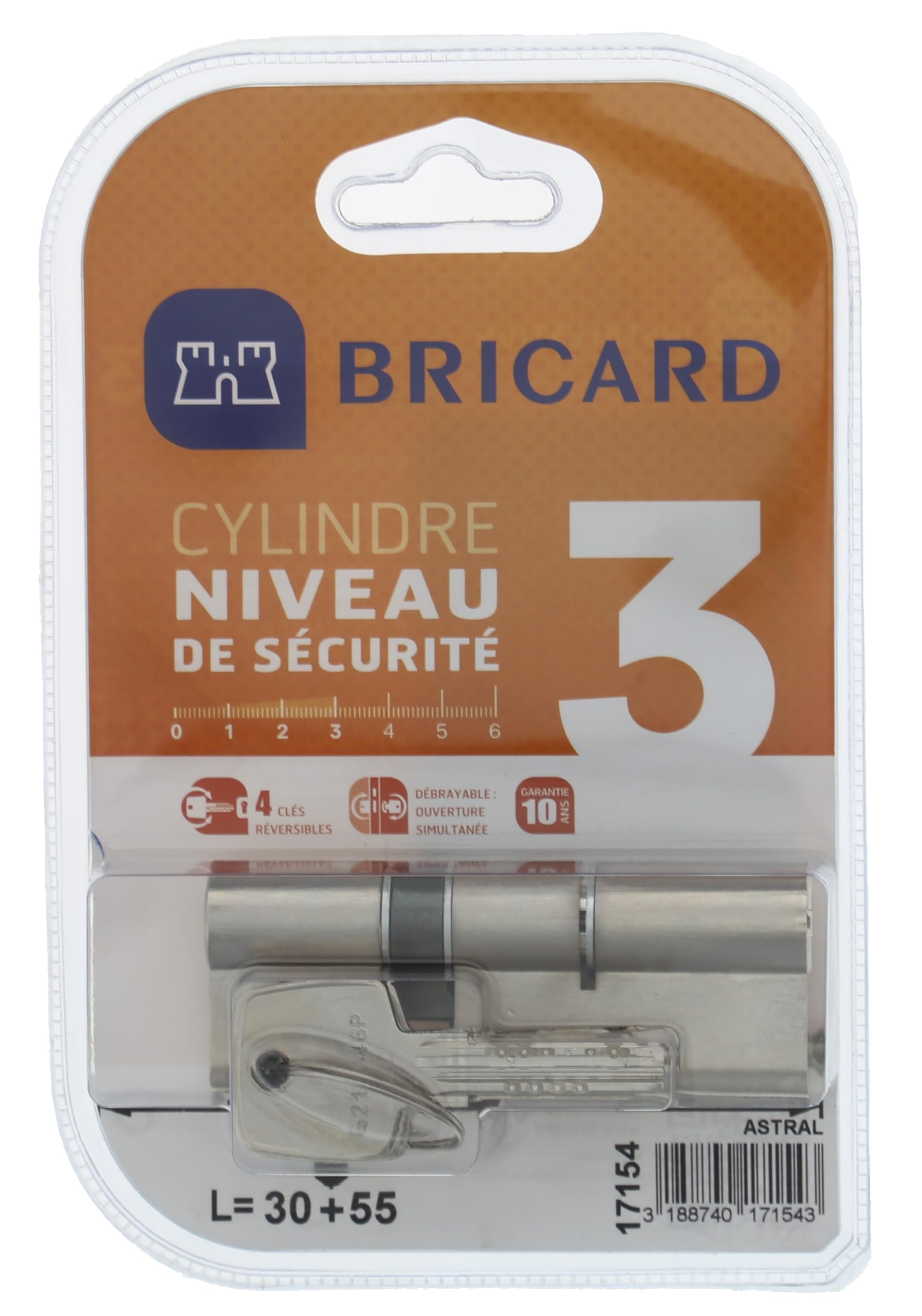 Cilindro bricard 17154 de acero niquelado con medida de 85 mm