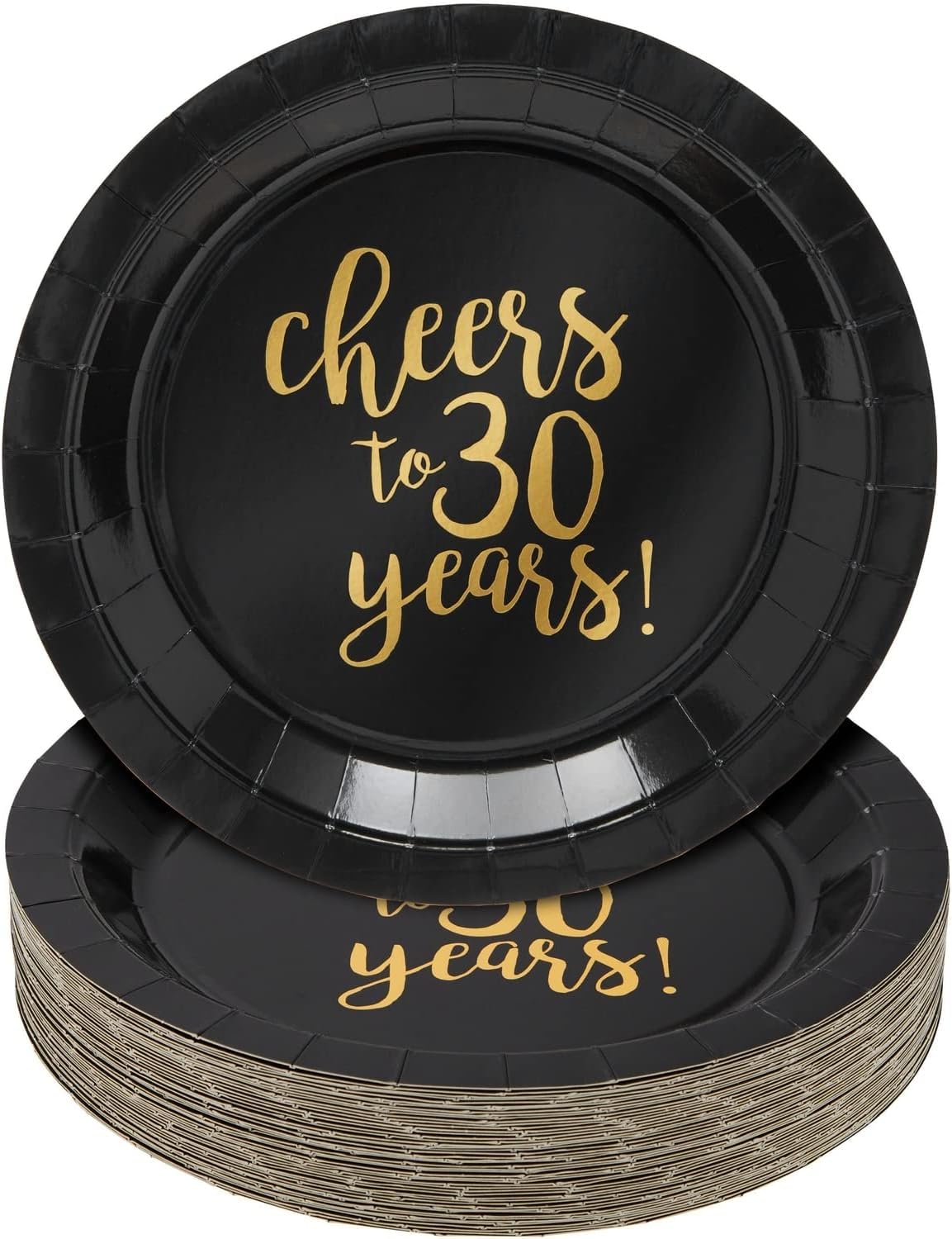 MEYIHO 24-Pack Cheers to 30 Years Plates for 30th Birthday, Anniversary Party Supplies, Black and Gold Foil (9 In)