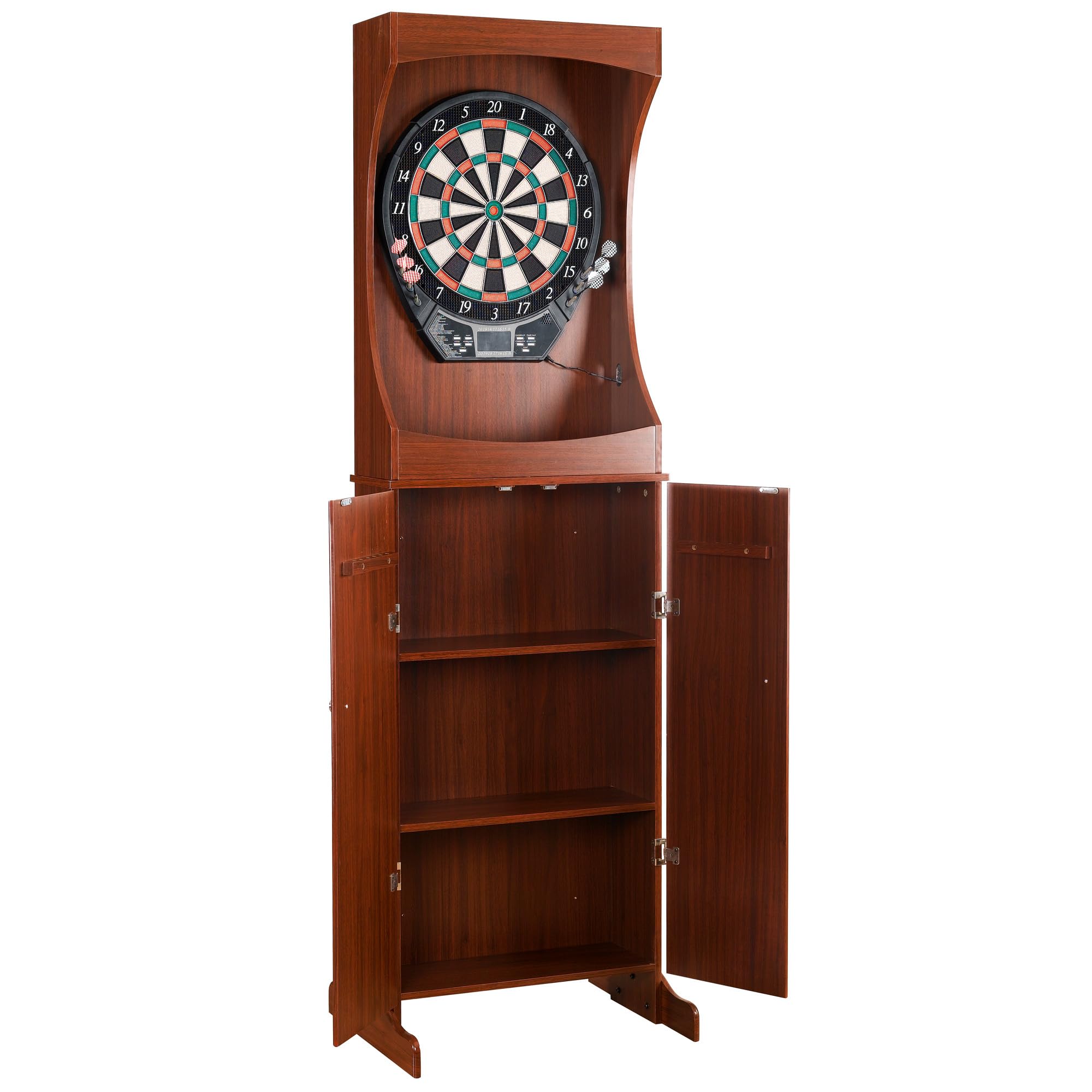 Hathaway Outlaw Electronic Dart Board Cabinet Set - 81-in Electric Dart Board with Cabinet - Professional Dart Board with 6 Soft Tip Electronic Darts, AC Adapter, and Dart Scoreboard - Cherry Finish