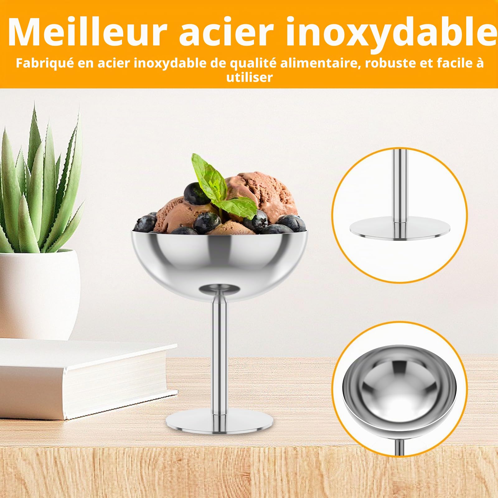 8x coupes a glace en inox avec pied – 200 ml – pour réceptions | Coupelle dessert élégantes pour glace, pudding, fruits et salade – bols polyvalents, passant au lave-vaisselle et incassables