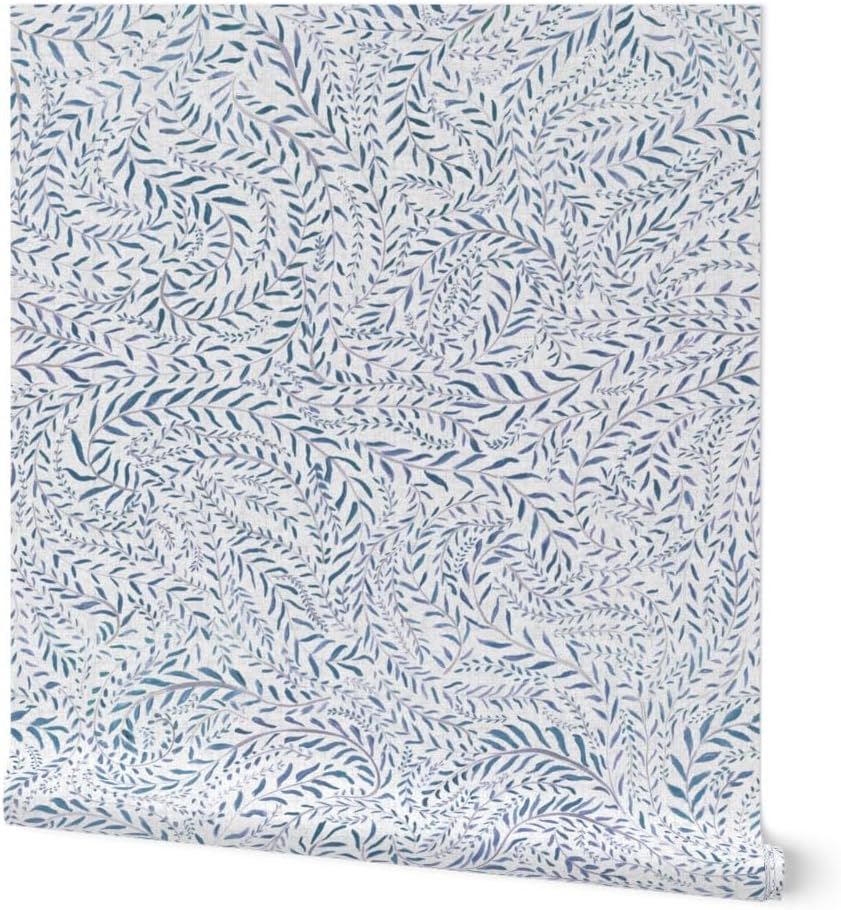 Peel & Stick Wallpaper Swatch - Botanical Leaf,Countryside,Shabby Chic,Blue White,Greenery,Simple Custom Removable Wallpaper by Spoonflower