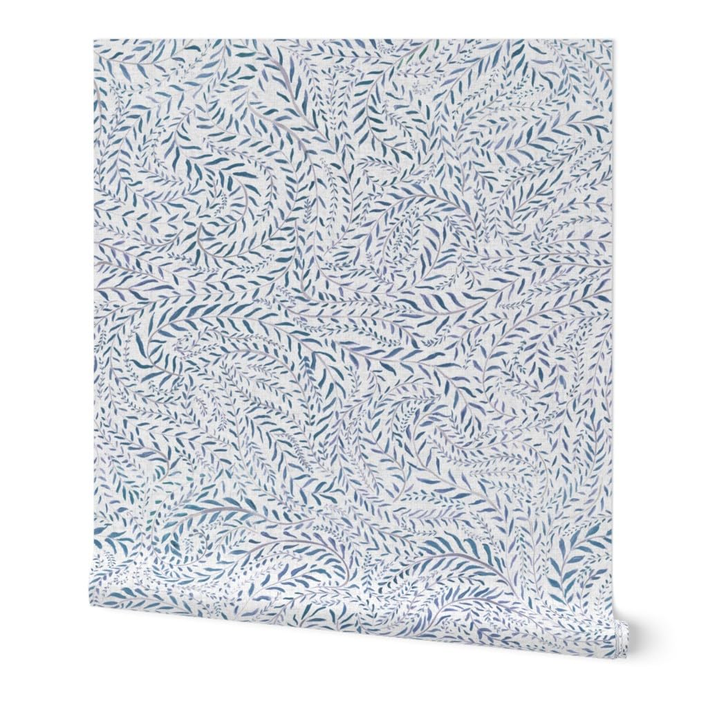 Peel & Stick Wallpaper Swatch - Botanical Leaf,Countryside,Shabby Chic,Blue White,Greenery,Simple Custom Removable Wallpaper by Spoonflower