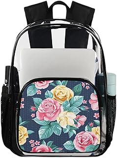 Mochila transparente com estampa de flor rosa, mochila transparente à prova d'água floral mochila transparente PVC com alça de ombro reforçada para escola, trabalho, viagens, Multicor