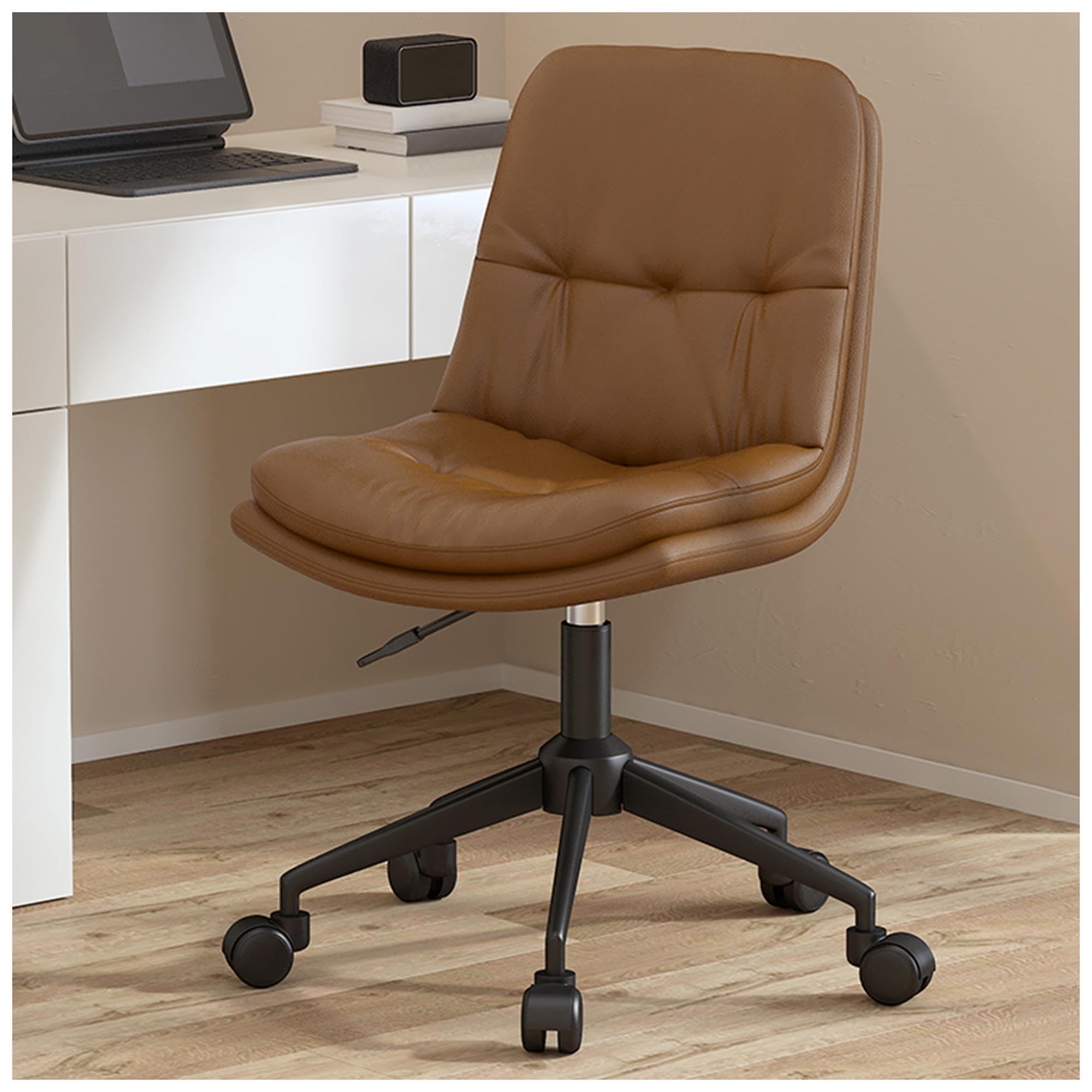 Sedia da scrivania ergonomica in pelle per casa e ufficio con design senza braccioli girevole a 360°, altezza regolabile, seduta imbottita e ruote girevoli