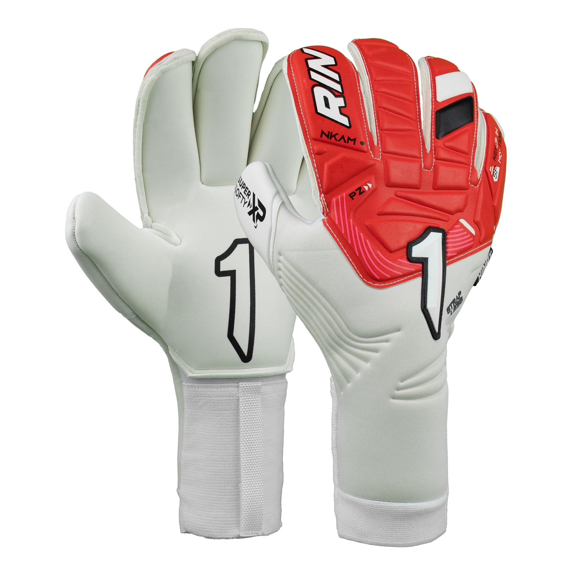 Rinat Nkam Prime Torwarthandschuhe – Rollfinger, Natürlicher Rasen, Super Softy XP Latex, Erwachsene, Größe 7, Weiß/Rot