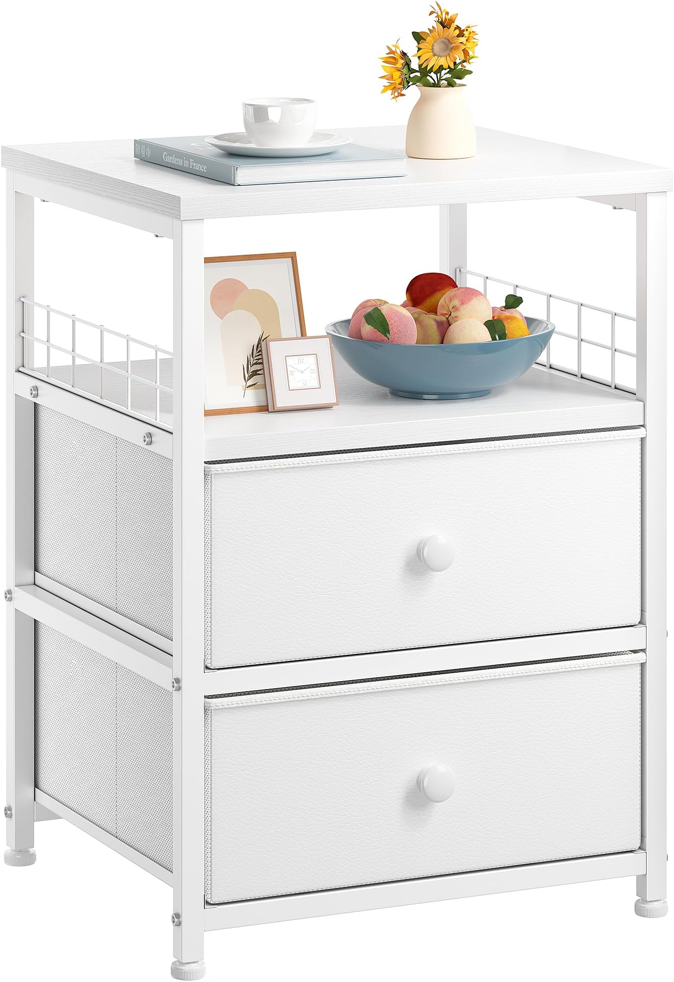 White Nightstand, Bedside Table Drawers and Open Wood Shelf Storage, Modern Bed Side Table, Night Stand for Bedroom, Living Room, Dorm, Easy Assembly and Pull, White