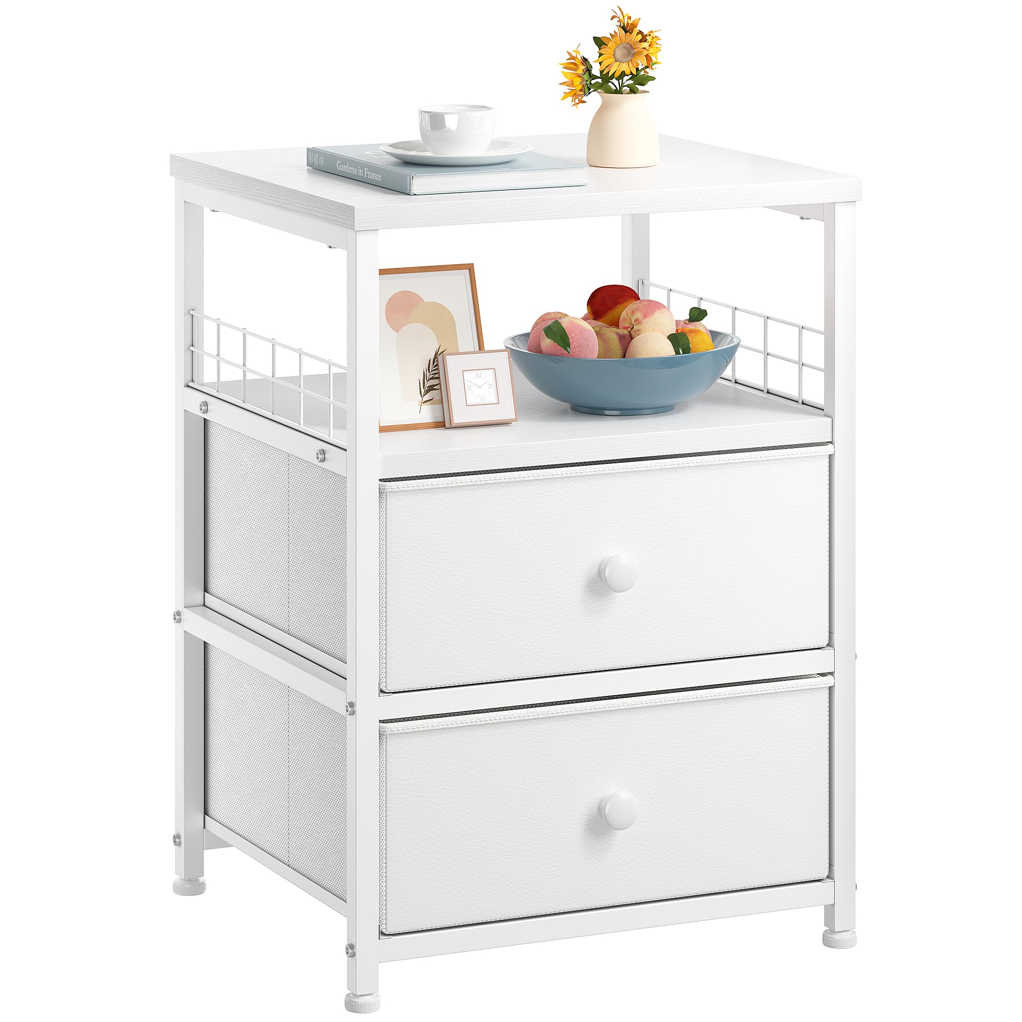 White Nightstand, Bedside Table Drawers and Open Wood Shelf Storage, Modern Bed Side Table, Night Stand for Bedroom, Living Room, Dorm, Easy Assembly and Pull, White