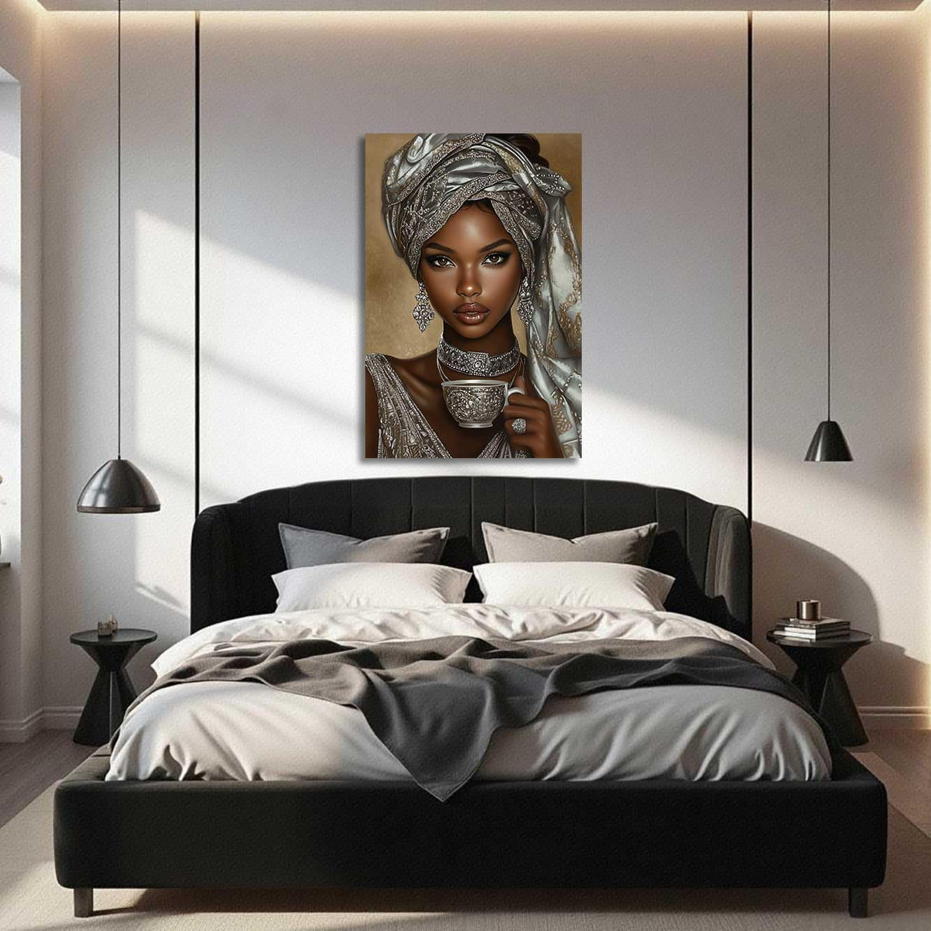ZSHDEYMTOP African American Canvas Wall Art Black Woman Drinking Coffee Picture Prints African Girl Wearing Silver Headdress Painting Black Girl Poster Decor (Brown, (18L x 12W))