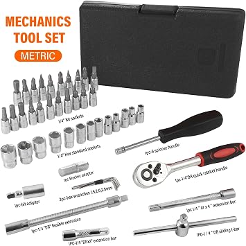 46PCS 1/4 Drive Socket Wrench Set With Ratchet, Bit Socket, Metric and Extension Bar for DIY, Car Repair and Household - Storage Case Included