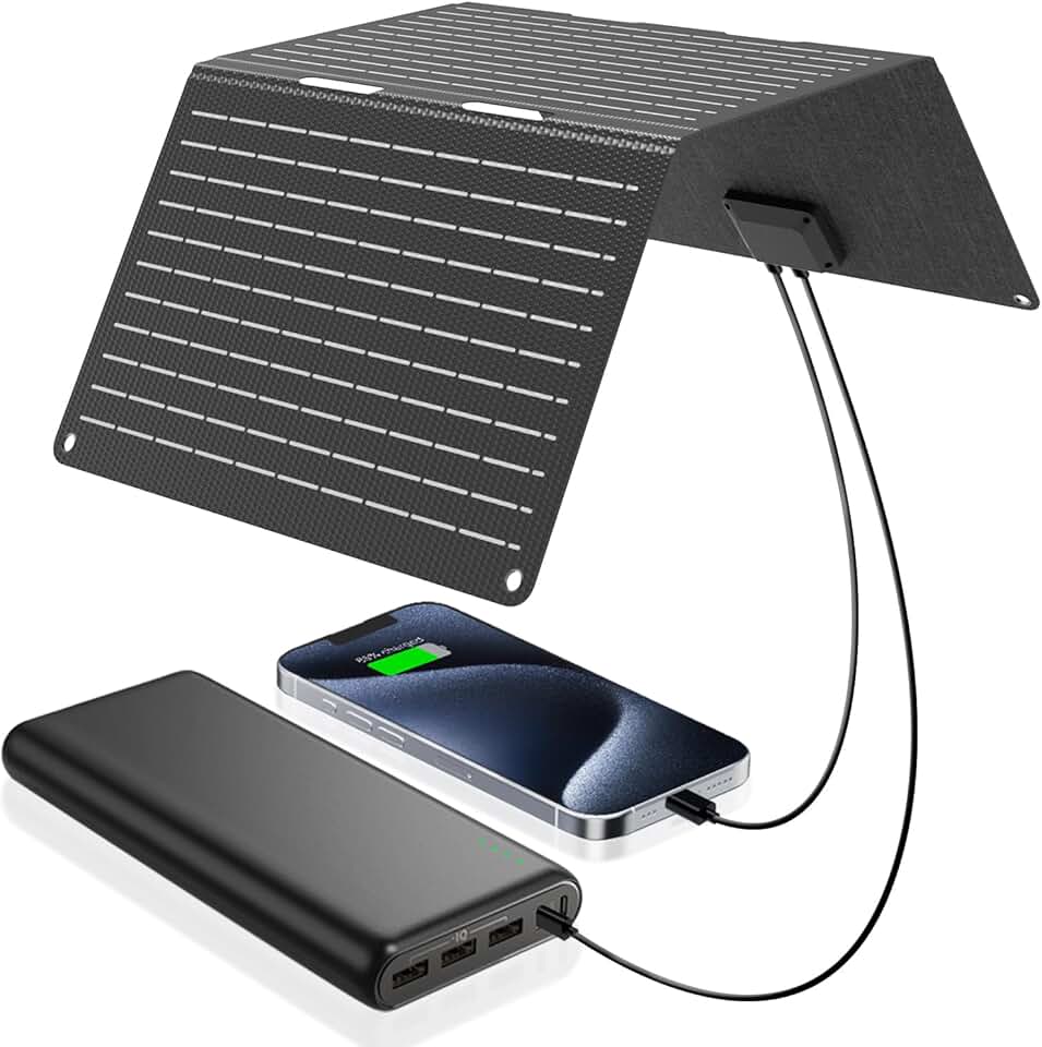 Ecosonique 30 W painéis solares portáteis carregador solar dobrável com USB C USB A carregamento rápido à prova d'água para acampamento, mochila compatível com celular, iPhone, iPad, Samsung Galaxy,