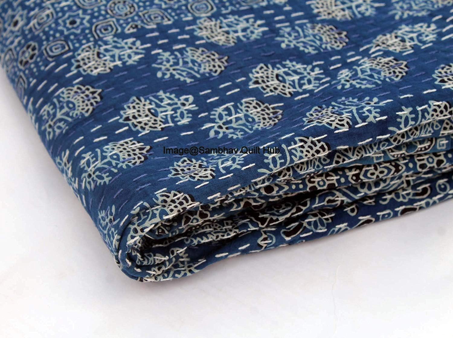 Blue Patch Quilting Hippie Kantha Ajarkh Hippie Handmade Queen Size Kantha Bedspread Ajrakh Reversible Hand Stitched Cotton Kantha Quilts Bohemian Floral Kantha Twin/Queen (60X90 inch)