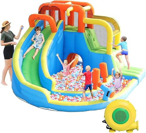 Miniatura 11 de Casa inflable para niños, casa inflable para interiores, pequeña casa de rebote con tobogán de agua, casa inflable para niños con soplador, castillo