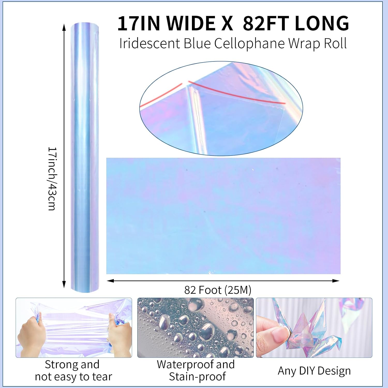 woric Iridescent Blue Cellophane Wrap Roll 82 Ft x 17 In Wrapping Paper image 2