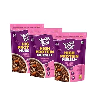 Yogabar High Protein Muesli – Choco almond + Cranberry (Pack of 3 x 850g) | 23g Protein per 100g with Whey & Probiotics | High-Fiber
